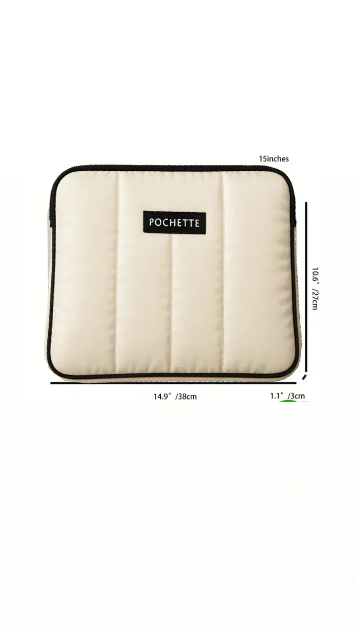 Quilted padded laptop case in cream with black trim, dimensions labeled, front view