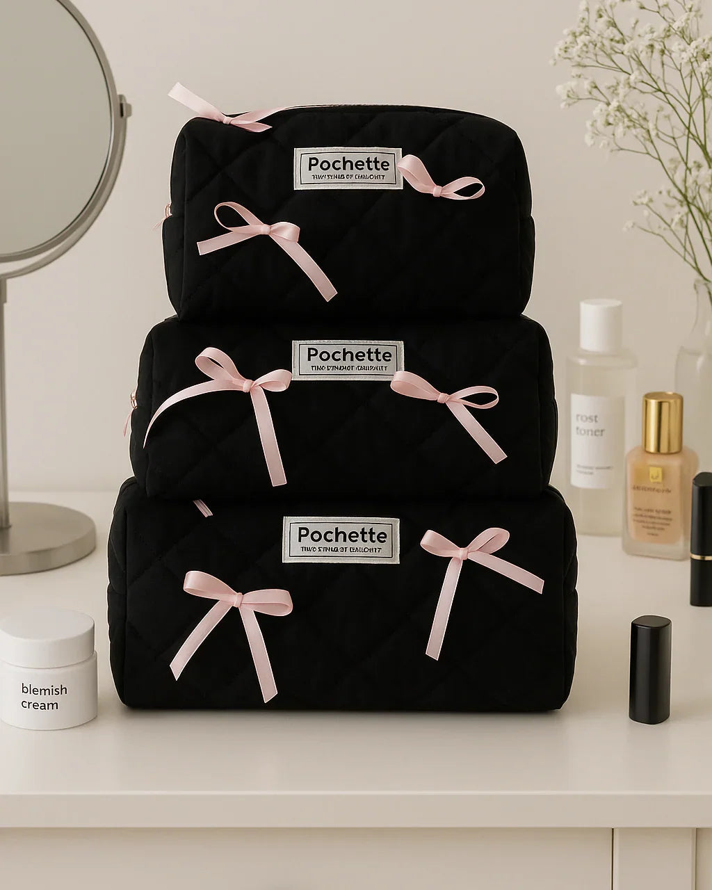 Stacked black quilted beauty cases with pink bows on vanity, skincare items nearby