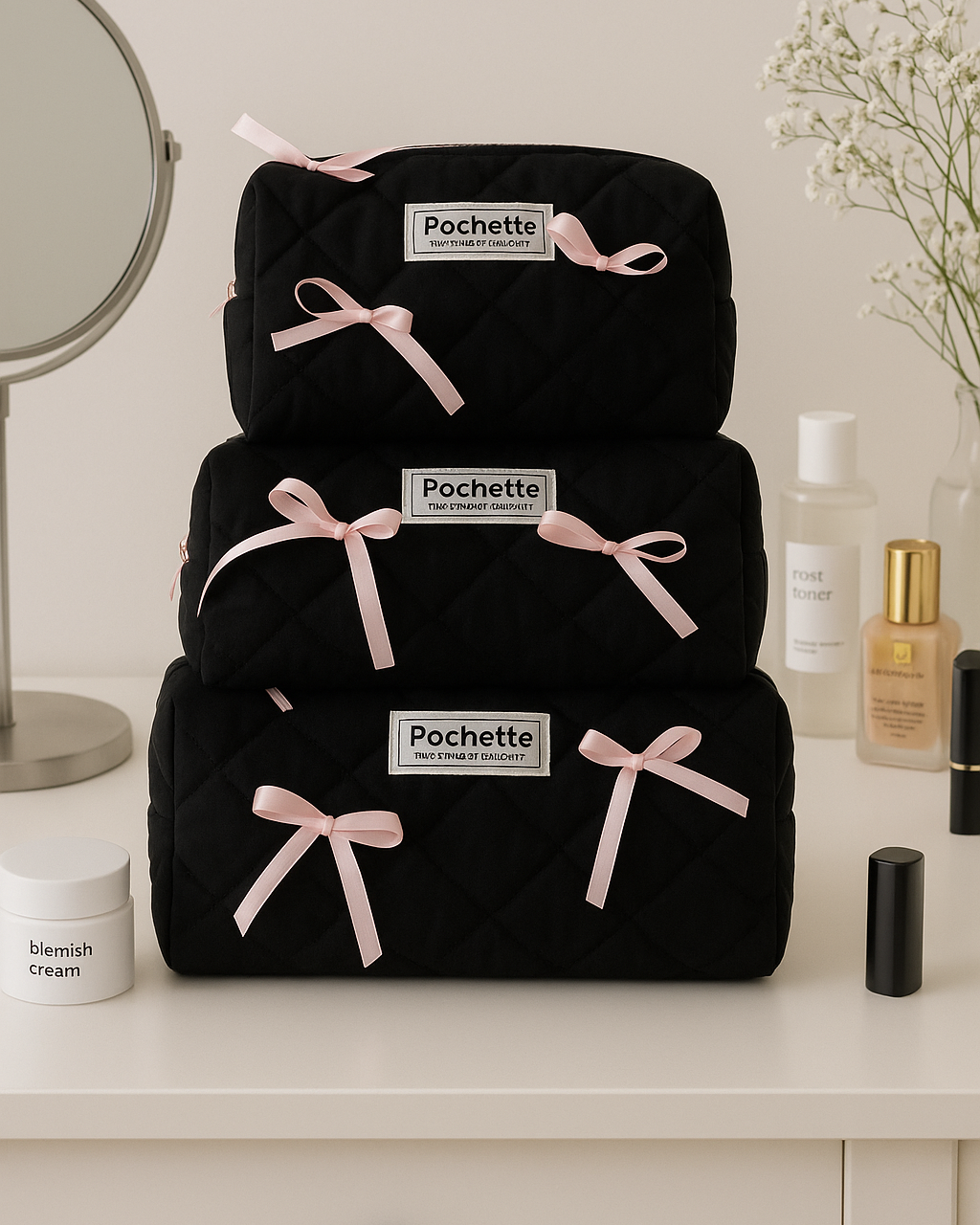 Pink/black Bow beauty bag