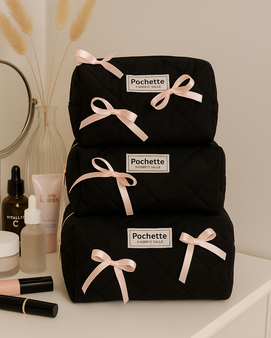 Pink/black Bow beauty bag