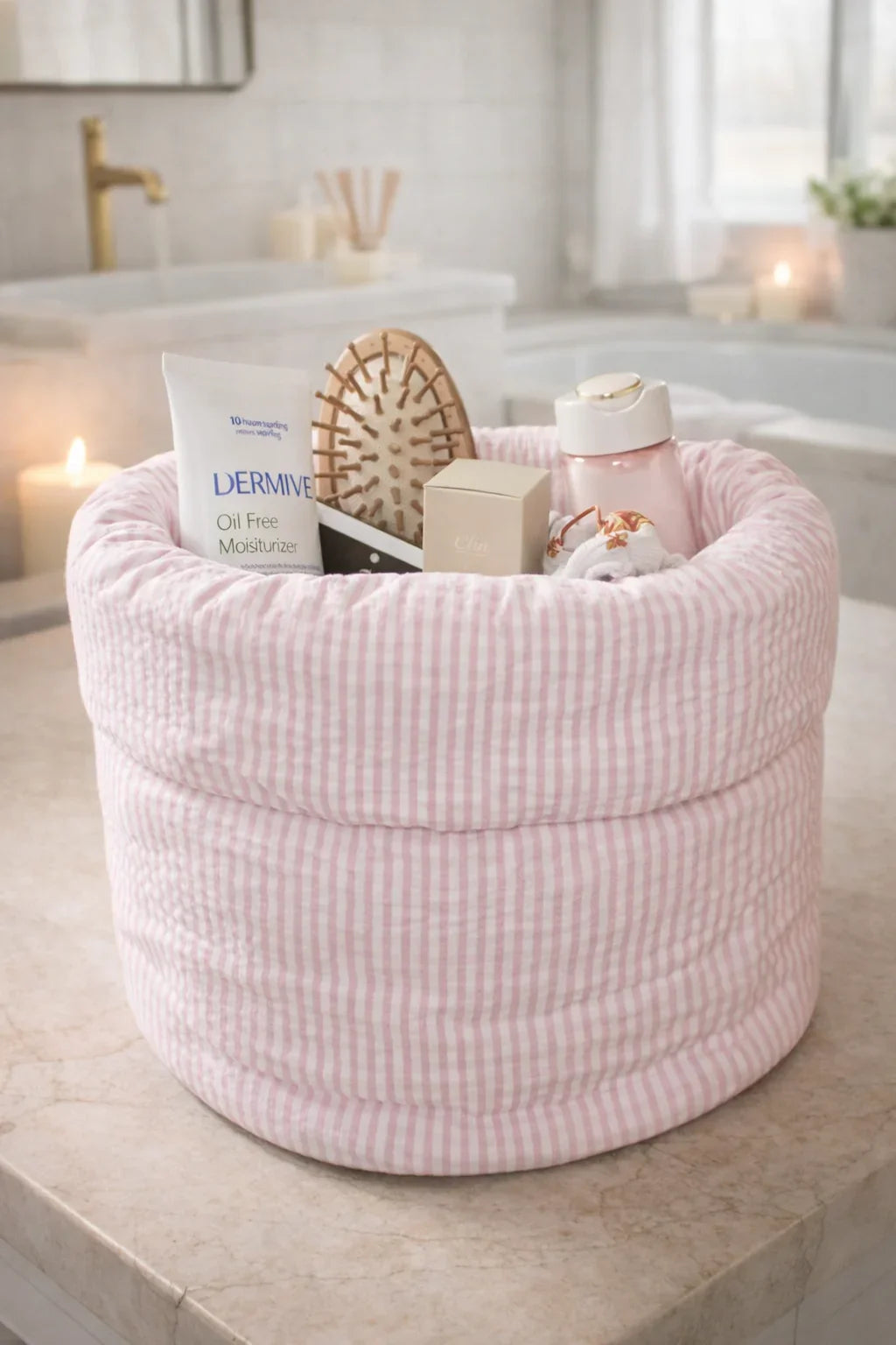 Pink quilted striped bucket bag used as a makeup and travel organizer on a bathroom counter