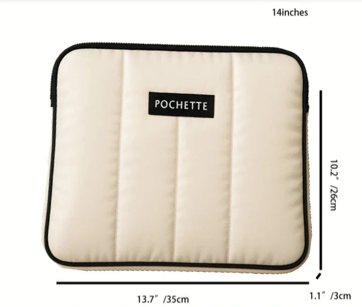 Quilted padded laptop case in beige with black trim, custom size, labeled dimensions shown.