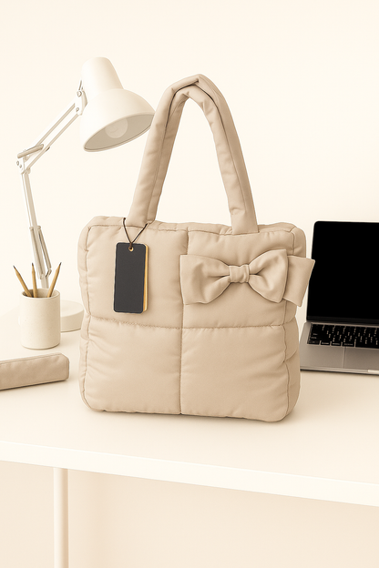 Quilted Puffer Tote Bag with Bow