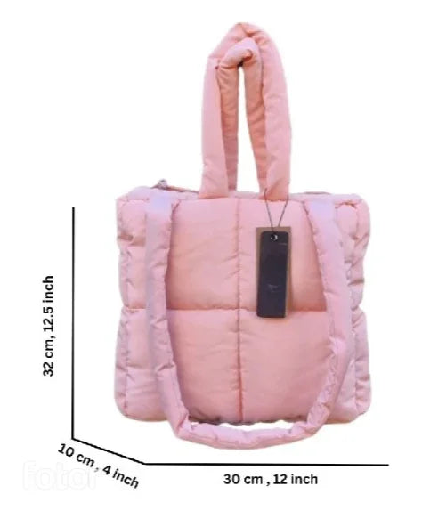 Light pink quilted handmade tote bag with top handles and dimensions labeled