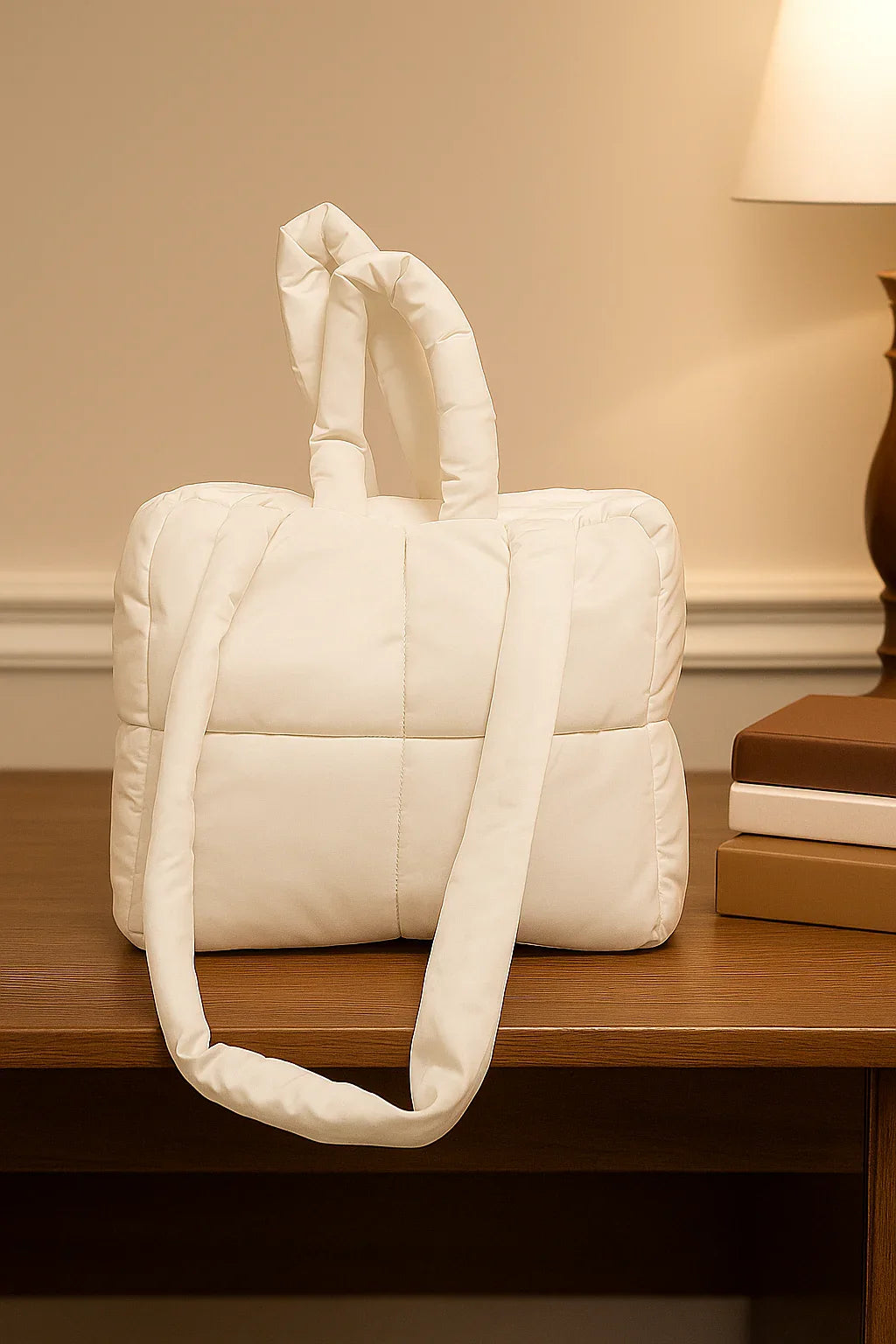 Handmade quilted white cotton beauty case with handles on a wooden table indoors