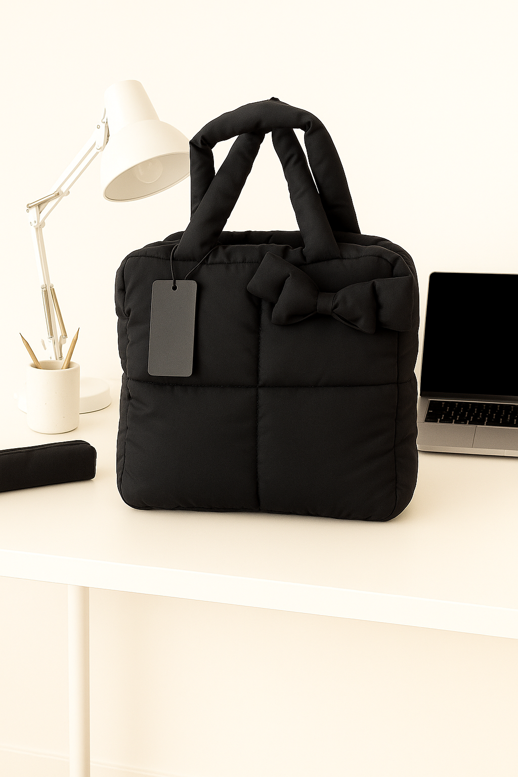 Quilted Puffer Tote Bag with Bow