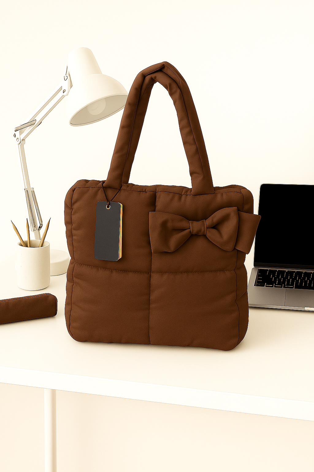 Quilted Puffer Tote Bag with Bow