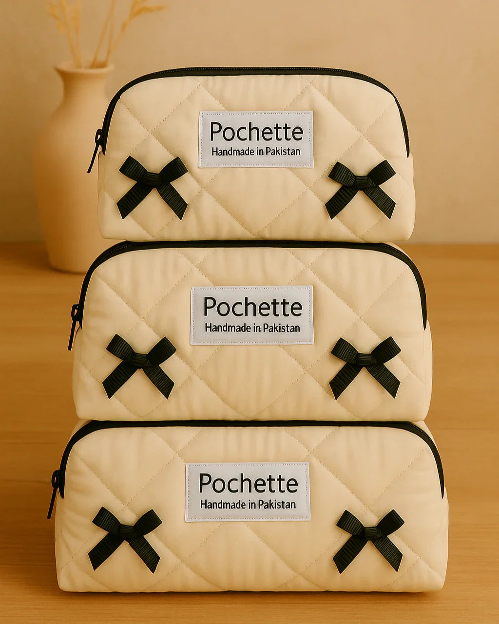 Stack of three quilted beige beauty cases with black bows and zipper, labeled 'Handmade in Pakistan'.